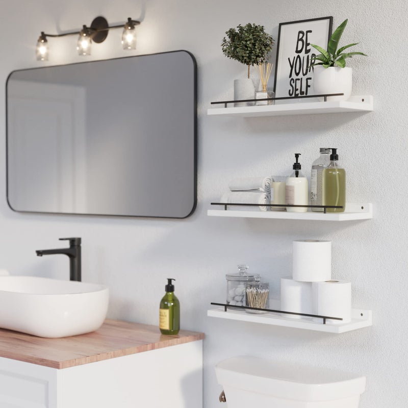 WOPITUES Floating Shelves with Black Metal Guardrail, Shelves for Wall Decor Set of 3, Wall Shelves for Bedroom, Bathroom, Kitchen, Living Room, Plants, Picture Frames, Art- Black and White - Image 3