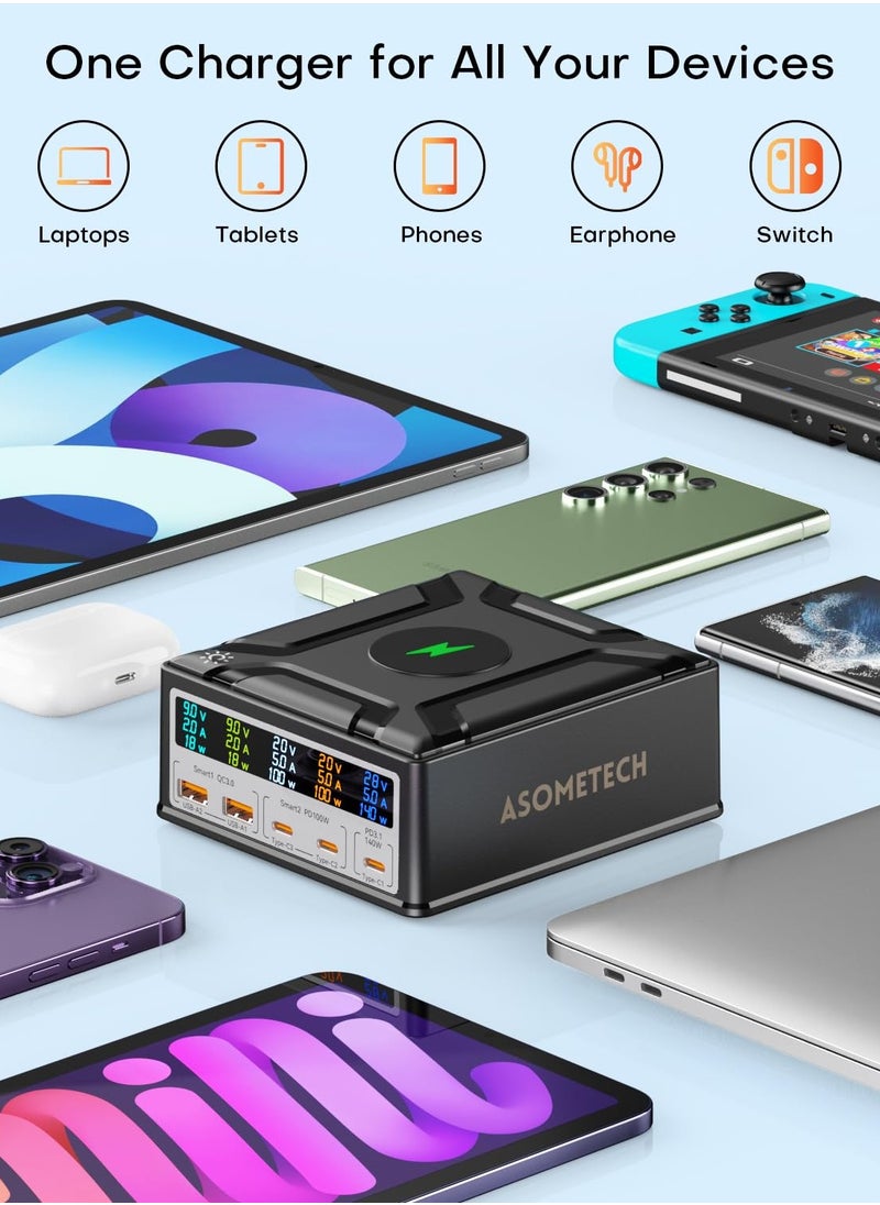 Excefore - USB Charging Station, 260W 5-Port Fast USB C Charging Station, 140W PD3.1 USB C GaN Charger with LCD Display, Wireless Charger, Desktop USB Charging Hub for MacBook Pro/Air, iPad, for iPhone, Samsung - Image 1