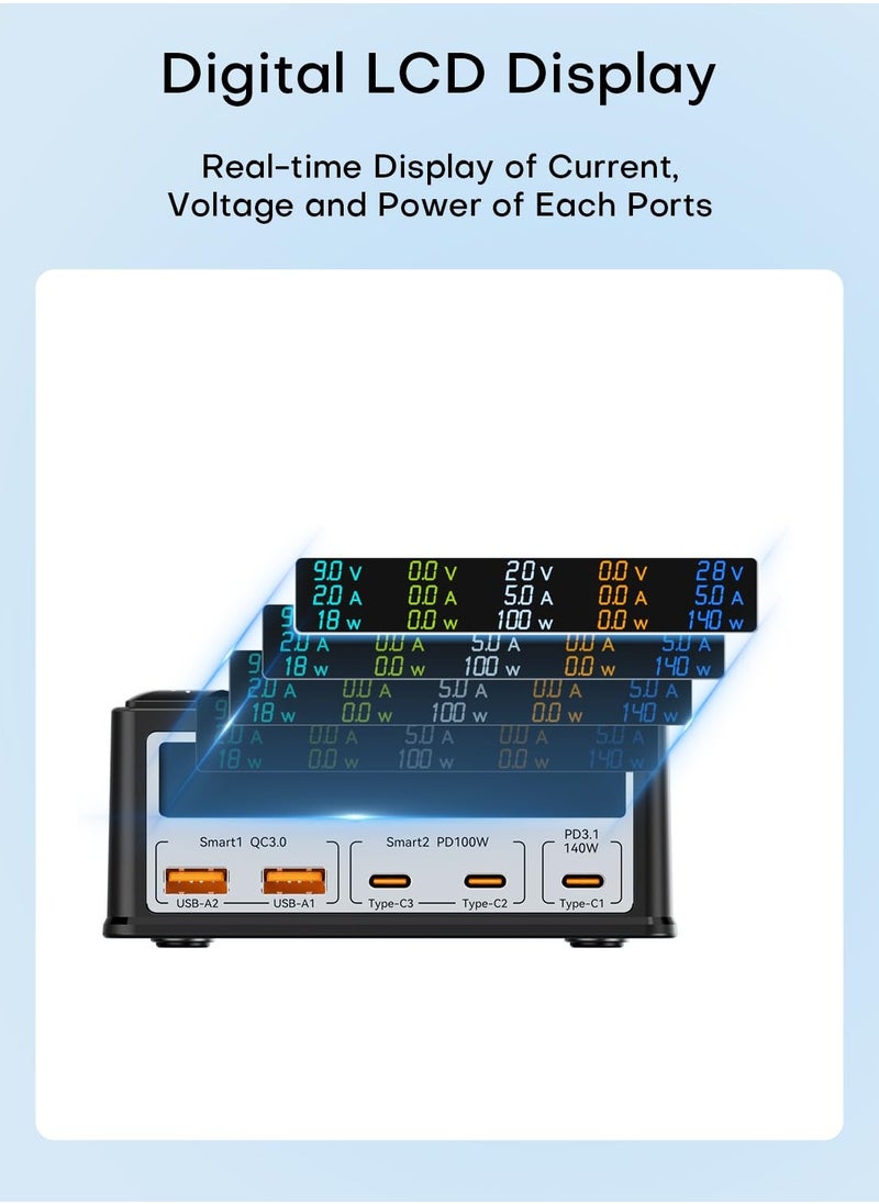 Excefore - USB Charging Station, 260W 5-Port Fast USB C Charging Station, 140W PD3.1 USB C GaN Charger with LCD Display, Wireless Charger, Desktop USB Charging Hub for MacBook Pro/Air, iPad, for iPhone, Samsung - Image 1