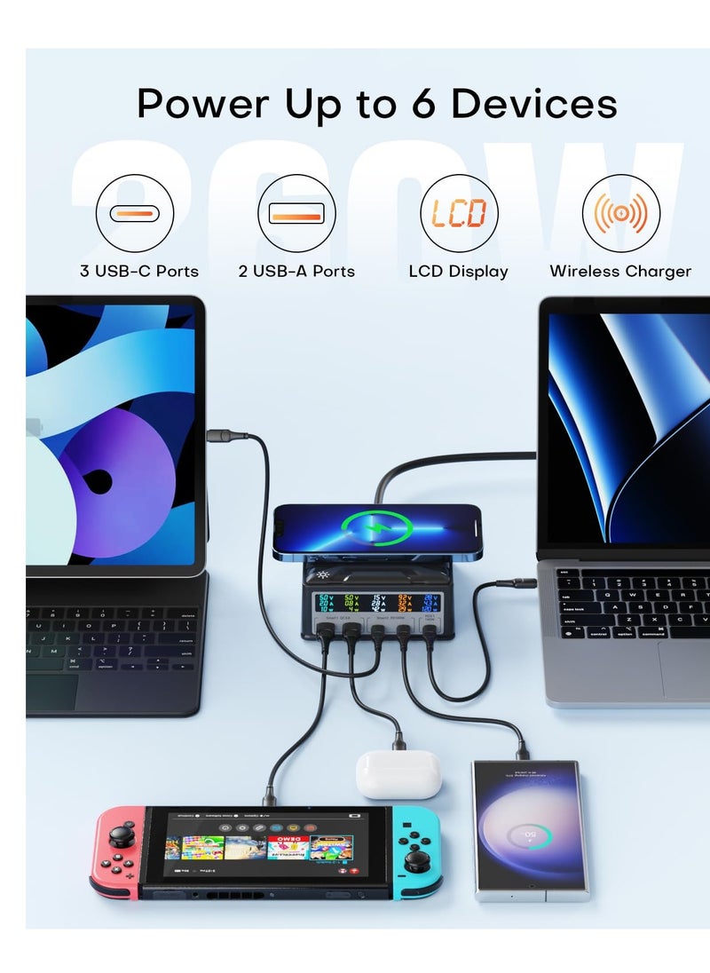 Excefore - USB Charging Station, 260W 5-Port Fast USB C Charging Station, 140W PD3.1 USB C GaN Charger with LCD Display, Wireless Charger, Desktop USB Charging Hub for MacBook Pro/Air, iPad, for iPhone, Samsung - Image 1
