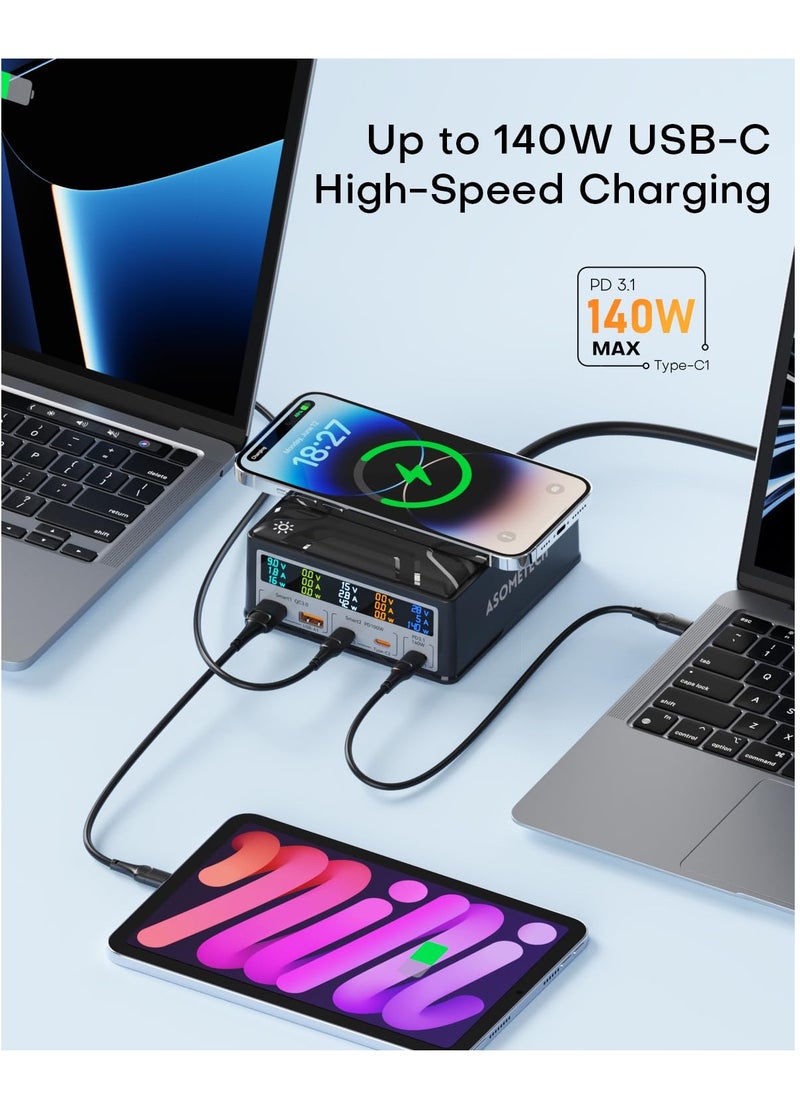 Excefore - USB Charging Station, 260W 5-Port Fast USB C Charging Station, 140W PD3.1 USB C GaN Charger with LCD Display, Wireless Charger, Desktop USB Charging Hub for MacBook Pro/Air, iPad, for iPhone, Samsung - Image 1