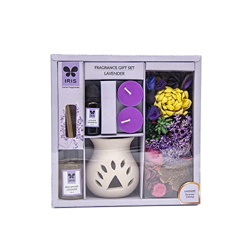 IRIS Fragrance Giftset Lavender|Home Fragrances for Fine Living|1 Ceramic Vaporizer Burner|10ml Vaporizer Oil,2 T-Lights|30ml Reed Diffuser Oil |4 Reed Sticks,100gm Fragranced Potpourri | Giftting - Image 1