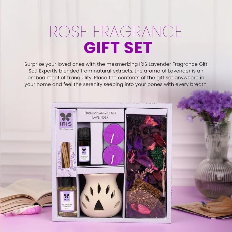 IRIS Fragrance Giftset Lavender|Home Fragrances for Fine Living|1 Ceramic Vaporizer Burner|10ml Vaporizer Oil,2 T-Lights|30ml Reed Diffuser Oil |4 Reed Sticks,100gm Fragranced Potpourri | Giftting - Image 2