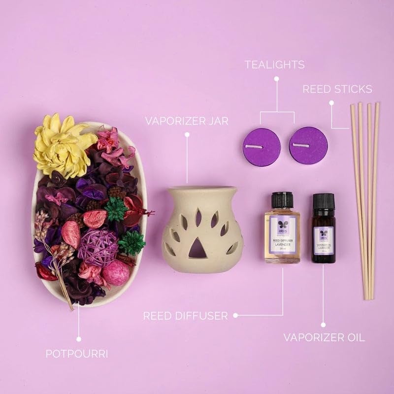 IRIS Fragrance Giftset Lavender|Home Fragrances for Fine Living|1 Ceramic Vaporizer Burner|10ml Vaporizer Oil,2 T-Lights|30ml Reed Diffuser Oil |4 Reed Sticks,100gm Fragranced Potpourri | Giftting - Image 5