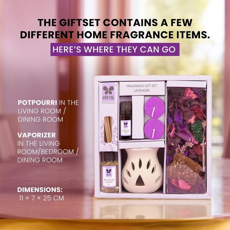 IRIS Fragrance Giftset Lavender|Home Fragrances for Fine Living|1 Ceramic Vaporizer Burner|10ml Vaporizer Oil,2 T-Lights|30ml Reed Diffuser Oil |4 Reed Sticks,100gm Fragranced Potpourri | Giftting - Image 4