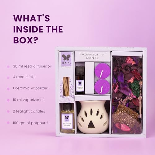 IRIS Fragrance Giftset Lavender|Home Fragrances for Fine Living|1 Ceramic Vaporizer Burner|10ml Vaporizer Oil,2 T-Lights|30ml Reed Diffuser Oil |4 Reed Sticks,100gm Fragranced Potpourri | Giftting - Image 3