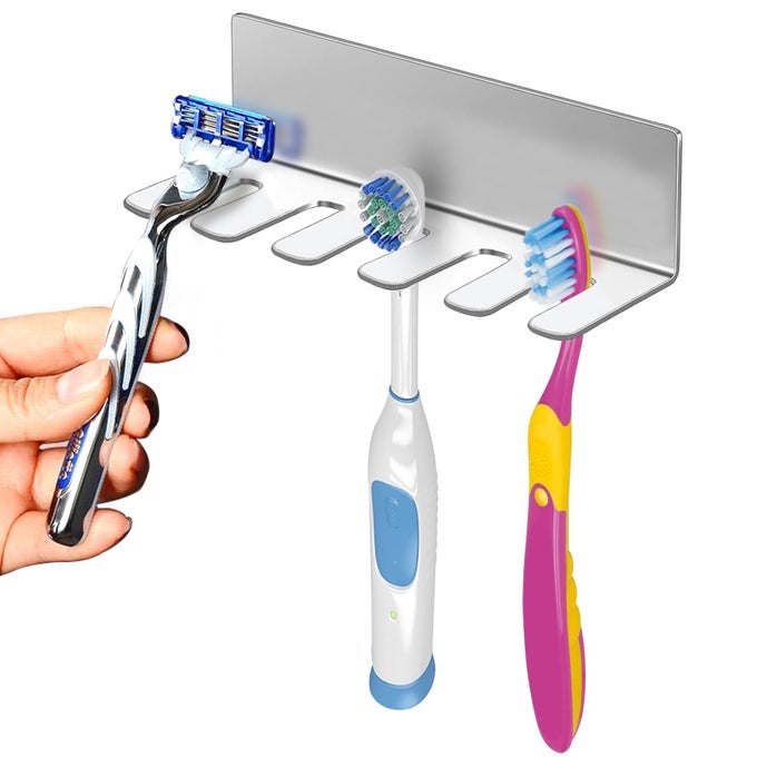 WALL MOUNTED TOOTHBRUSH HOLDER STAINLESS STEEL TOOTHBRUSH HOLDER WITH SELFADHESIVE NO DRILLING TOOTHBRUSH ORGANIZER BATHROOM MOUNTED HOLDER FOR TOOTHBRUSH HEAD WASHROOM RAZOR HOLDER