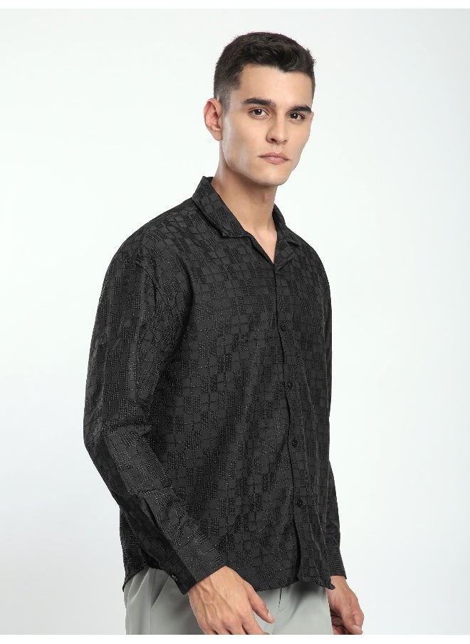 Beyoung Black Jacquard Cuban Shirt  - Image 1