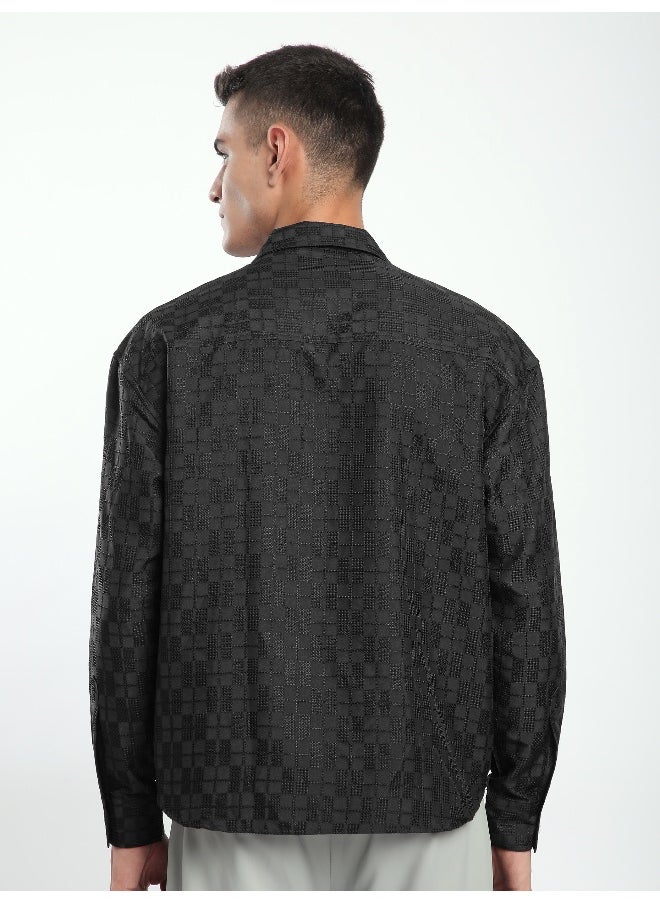 Beyoung Black Jacquard Cuban Shirt  - Image 3