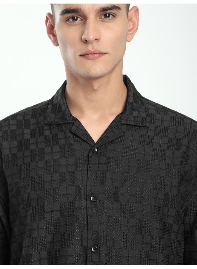 Beyoung Black Jacquard Cuban Shirt  - Image 4