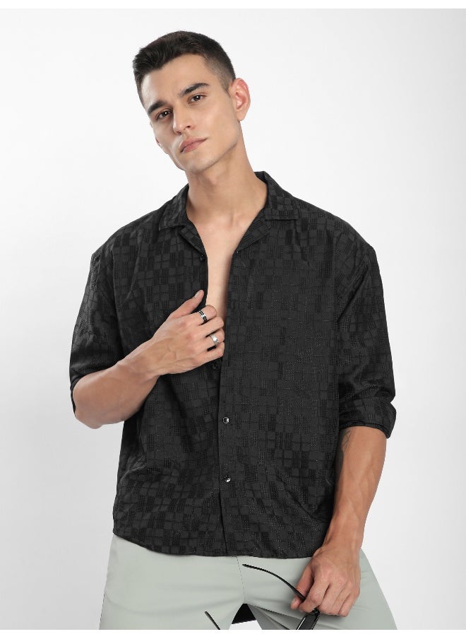 Beyoung Black Jacquard Cuban Shirt  - Image 2