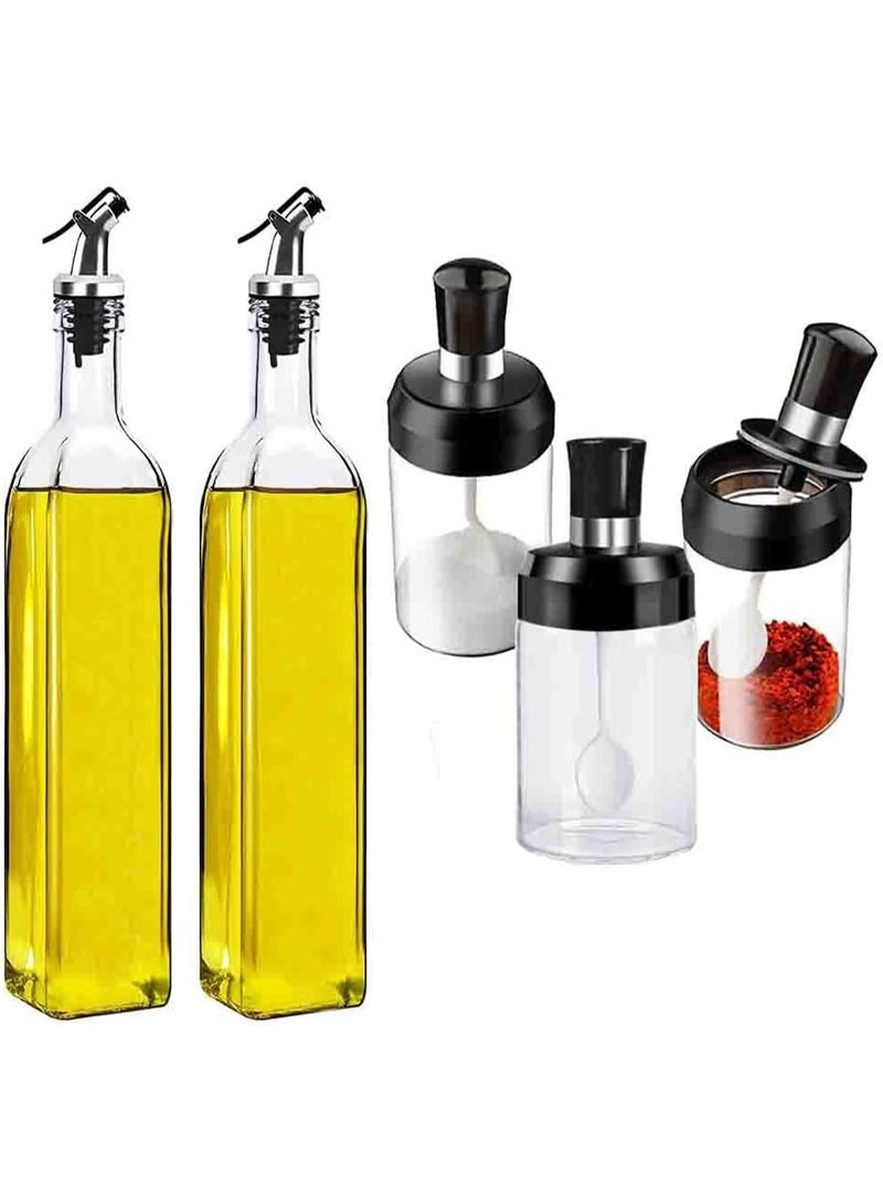 zoba 5-piece kitchen bottle set for dispensing oil and spices, consisting of two 500ml bottles for oil and vinegar and three 250ml spice jars, made of leak-proof glass. - Image 1