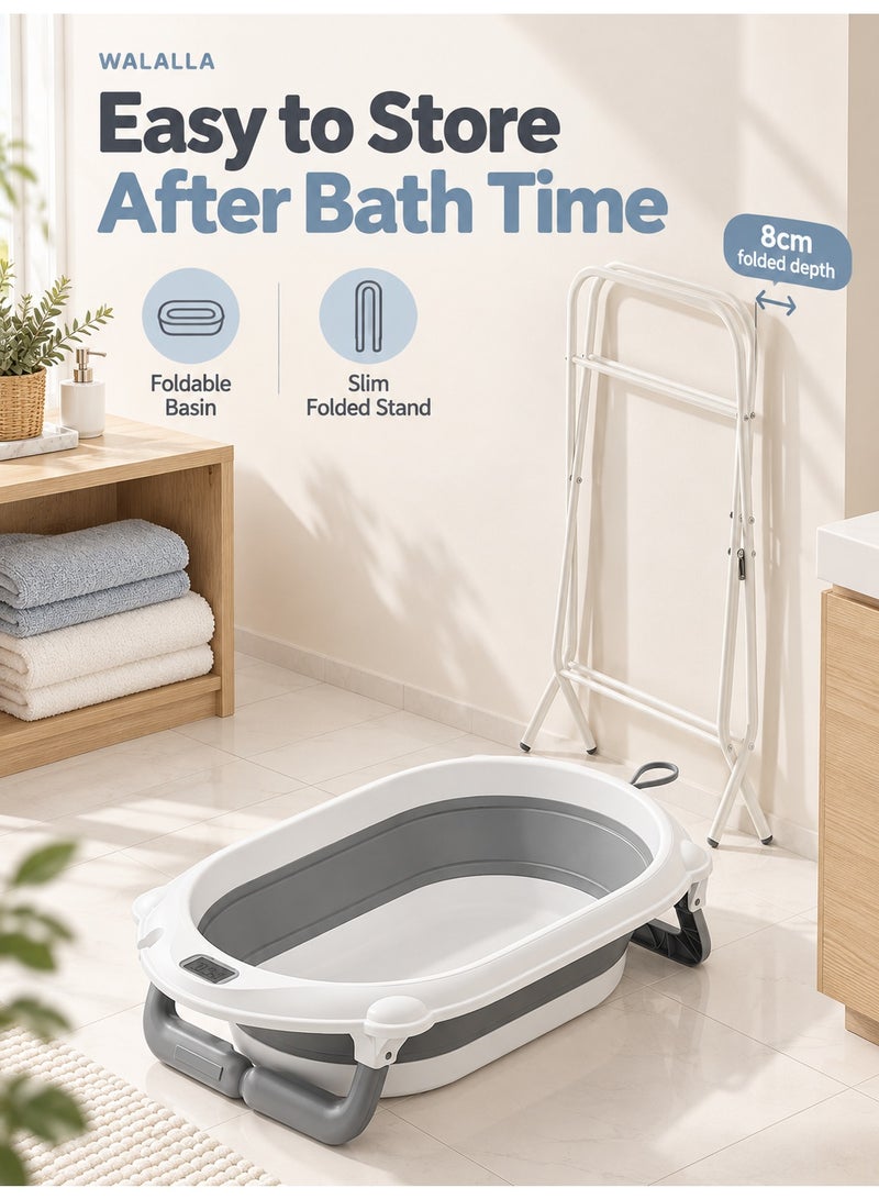 WALALLA Foldable Baby Bathtub with Raised Stand, Built-In Thermometer and Soft Bath Mat, 50KG Load Capacity for Babies 0-12 Months, Grey - Image 4
