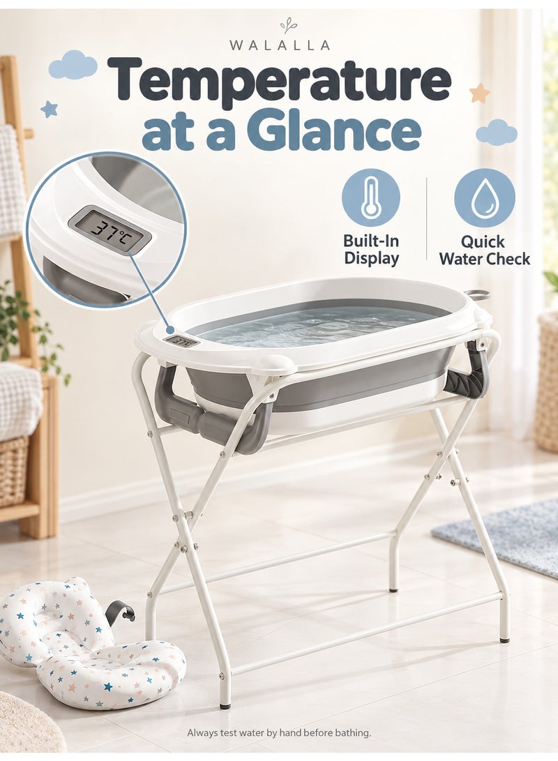 WALALLA Foldable Baby Bathtub with Raised Stand, Built-In Thermometer and Soft Bath Mat, 50KG Load Capacity for Babies 0-12 Months, Grey - Image 3