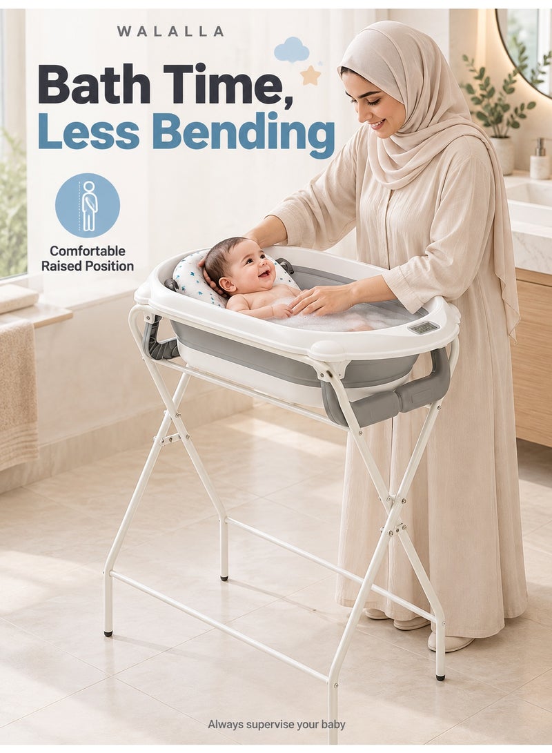 WALALLA Foldable Baby Bathtub with Raised Stand, Built-In Thermometer and Soft Bath Mat, 50KG Load Capacity for Babies 0-12 Months, Grey - Image 2