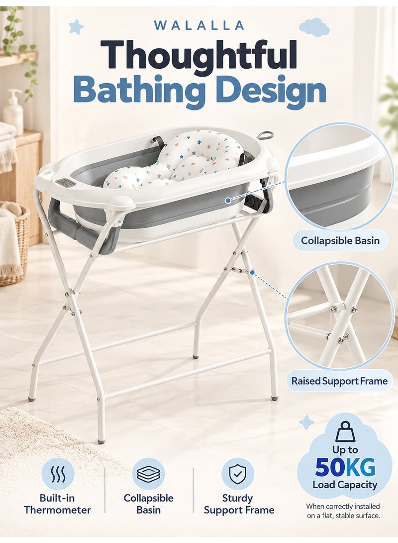 WALALLA Foldable Baby Bathtub with Raised Stand, Built-In Thermometer and Soft Bath Mat, 50KG Load Capacity for Babies 0-12 Months, Grey - Image 5