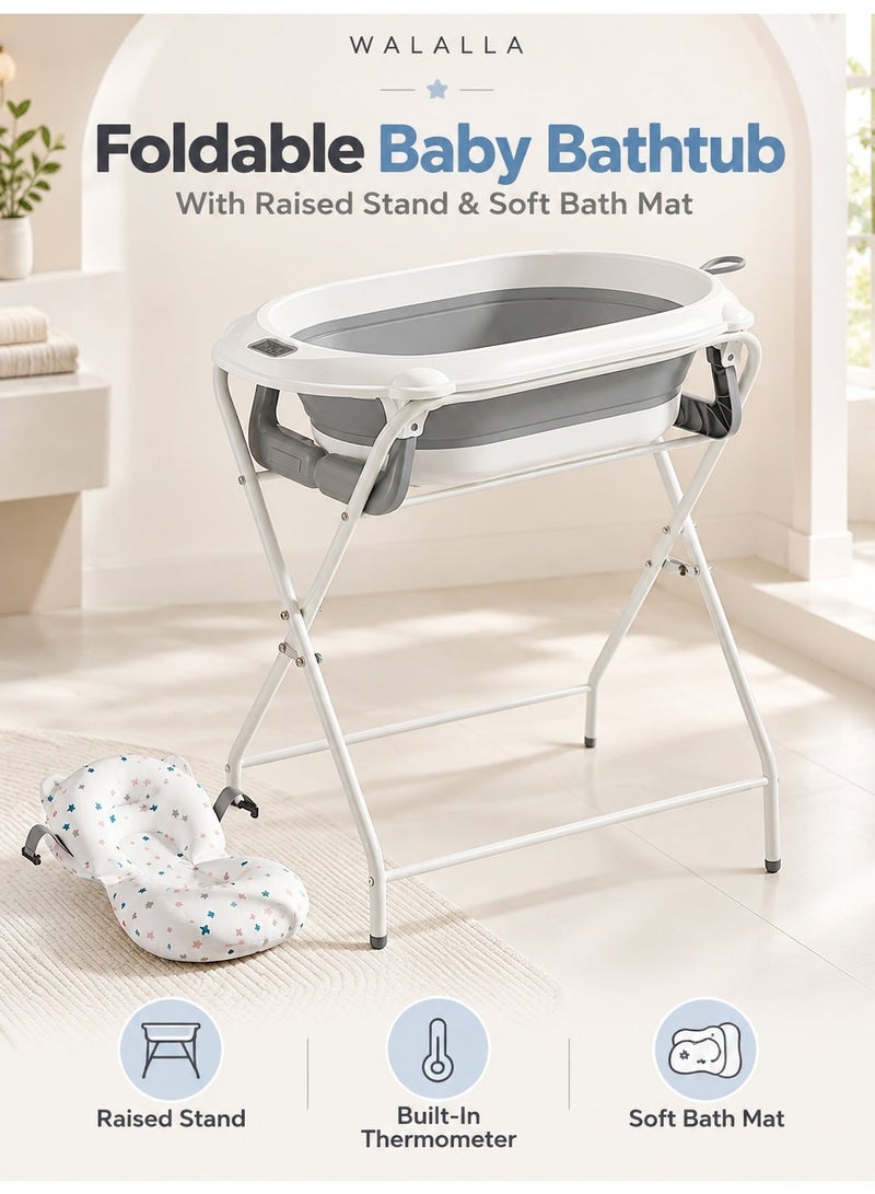 WALALLA Foldable Baby Bathtub with Raised Stand, Built-In Thermometer and Soft Bath Mat, 50KG Load Capacity for Babies 0-12 Months, Grey - Image 1