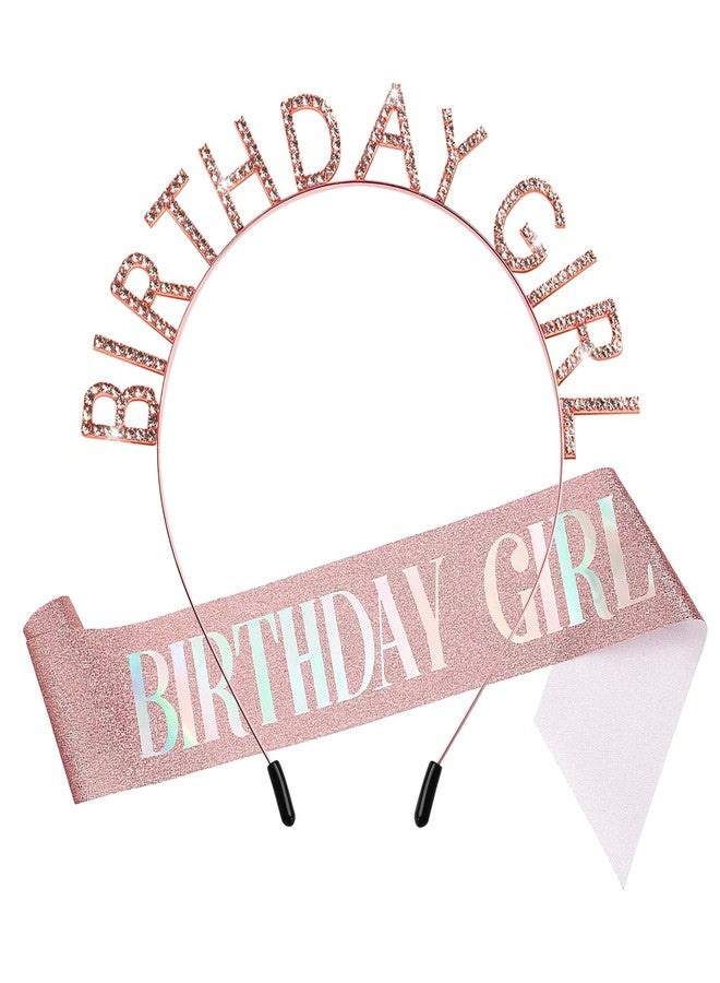 Lorzot Birthday Sash for Women, Glitter Rose Gold Birthday Girl Sash and Birthday Tiara for Women, Rhinestone Birthday Girl Crown, Princess Girl Women Birthday Party Decoration Accessories - Image 1