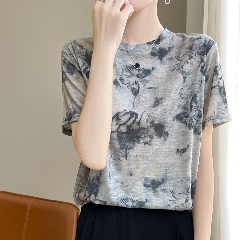 French Tie-Dye Oil Painting Short-Sleeved Shoulder Crewneck Lyocell Thin Top All-Match Loose Butterfly T-Shirt - Image 1