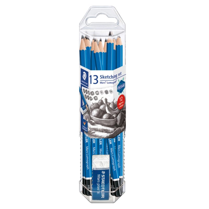 STAEDTLER Mars Lumograph Graphite Artist Pencil Pack, 12 Degrees (8B, 7B, 6B, 5B, 4B, 3B, 2B, B, HB, F, H, 2H), Mars Plastic Eraser, 61 100 P - Image 1