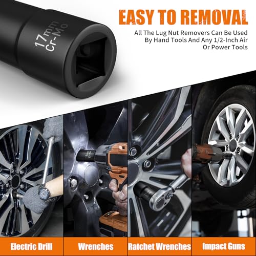 GIREORAN Wheel Lock Removal Kit, 10 Piece Lug Nut Remover, 1/2-Inch-Drive Impact Easy Out Bolt Extractor Socket Set for Removing Damaged, Frozen, Rusted, Rounded-Off Bolts, Nuts & Screws - Image 4