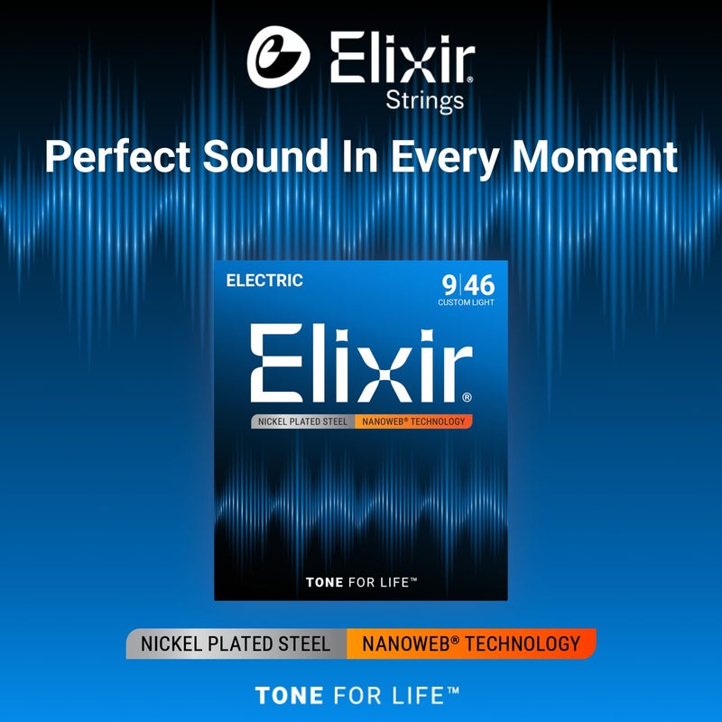 ELIXIR 6 String Electric Guitar Strings, Custom Light 9-46, Nanoweb Coating - Image 3