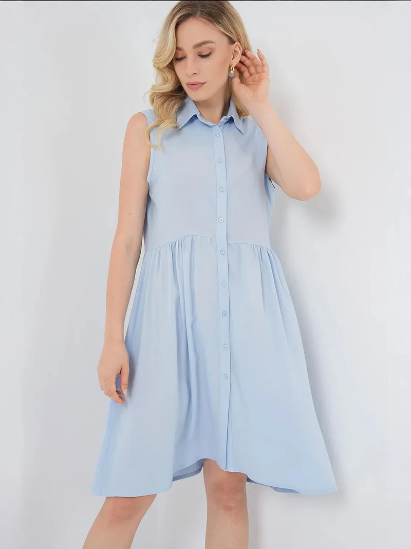 Big Dart Maya Blue BDART Sleeveless Button-Up Midi Dress with Shirt Collar for Women | Best Price UAE