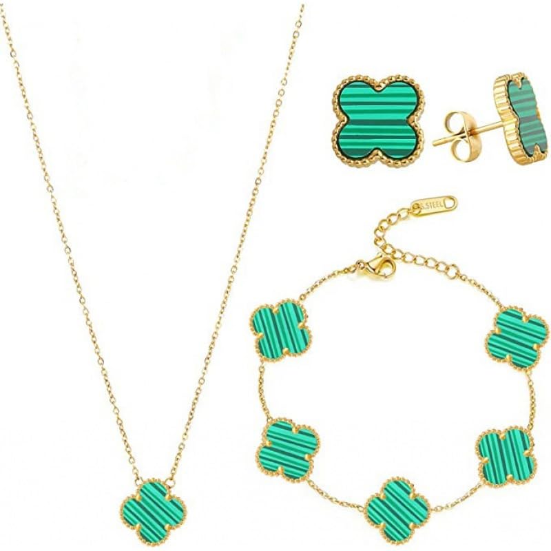 MEENAZ Fashion Anti Tarnish Jewellery Stylish Clover Ring Earrings Bracelet Chain Pendant Combo Valentine Gifts Jewellery Set for Women & Girls Neck Chain, Bracelet, Earrings for Women Gold Necklace - Image 1