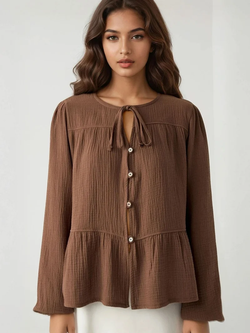 HICCUP Crew Neck Long Sleeve Woven Muslin Blouse