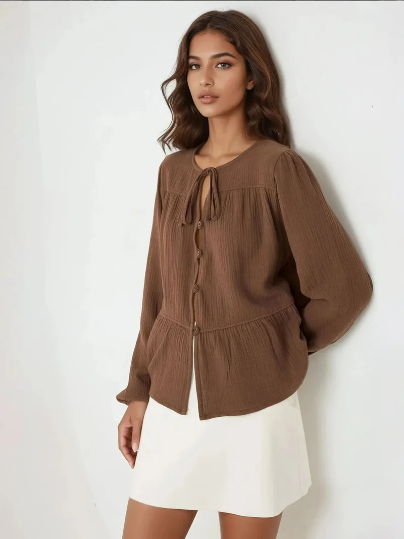 HICCUP Crew Neck Long Sleeve Woven Muslin Blouse