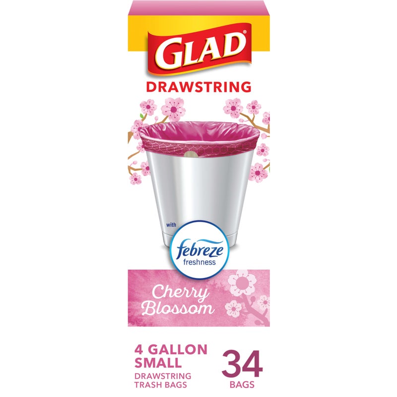 Glad Small Trash Bags 4 Gallon, Febreze Cherry Blossom Garbage Bags, Odor Resistant with Drawstring, 34 Count - Image 1