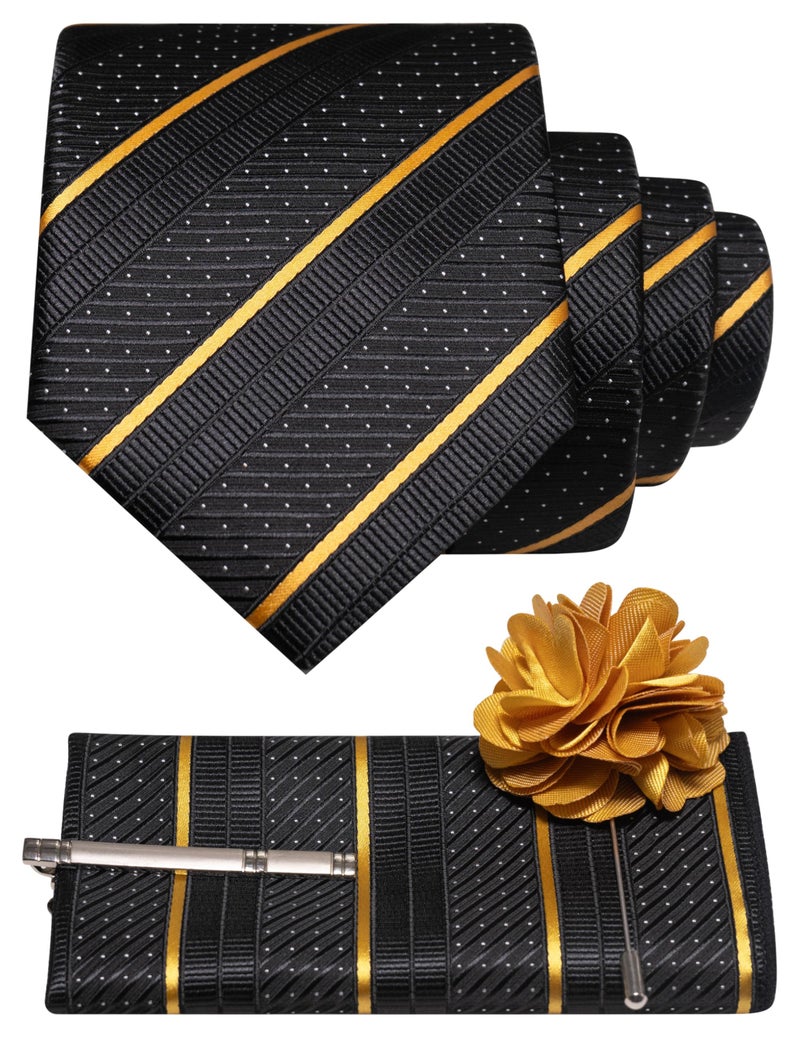 JEMYGINS Mens Gold Striped Tie and Lapel Pin Necktie Pocket Square with Tie Clip Sets for Business Casual 4PCS(14) - Image 1