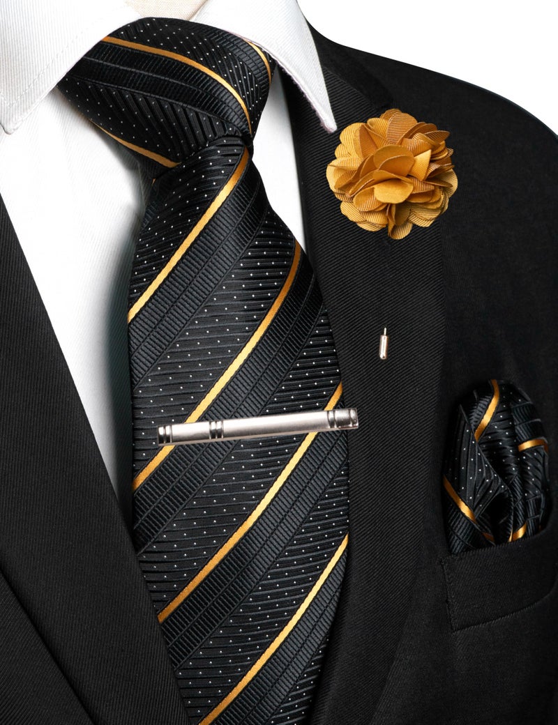JEMYGINS Mens Gold Striped Tie and Lapel Pin Necktie Pocket Square with Tie Clip Sets for Business Casual 4PCS(14) - Image 2