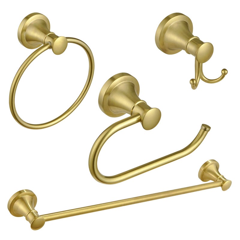 BESy Brushed Gold 4 Piece Bathroom Accessories Set Single Towel Bar Towel Ring Toilet Paper Holder Double Towel Hooks Wall Mounted Bath Hardware Accessory Fixtures Set