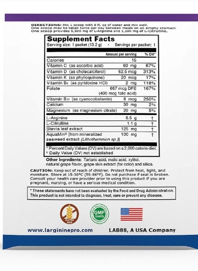 L-ARGININE PRO - Supplement ON-The-GO Single Serve Travel Packets - 5,500mg of L-arginine Plus 1,100mg L-Citrulline (1 Bag (30 Packets), Grapeberry) - Image 1
