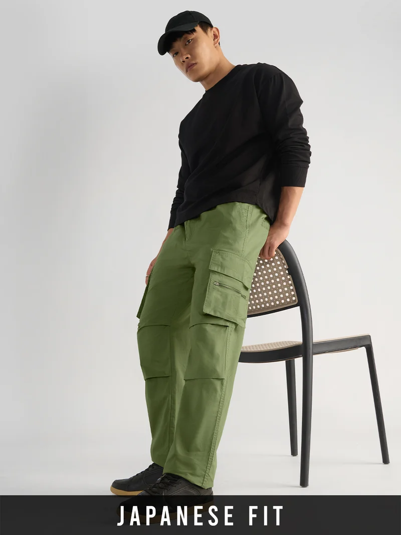 The Souled Store Combat Moss: Men and Boys Elastic Waistband Solid Cotton Relaxed Fit Multi-Pocket Durable Utility Cargo Pants