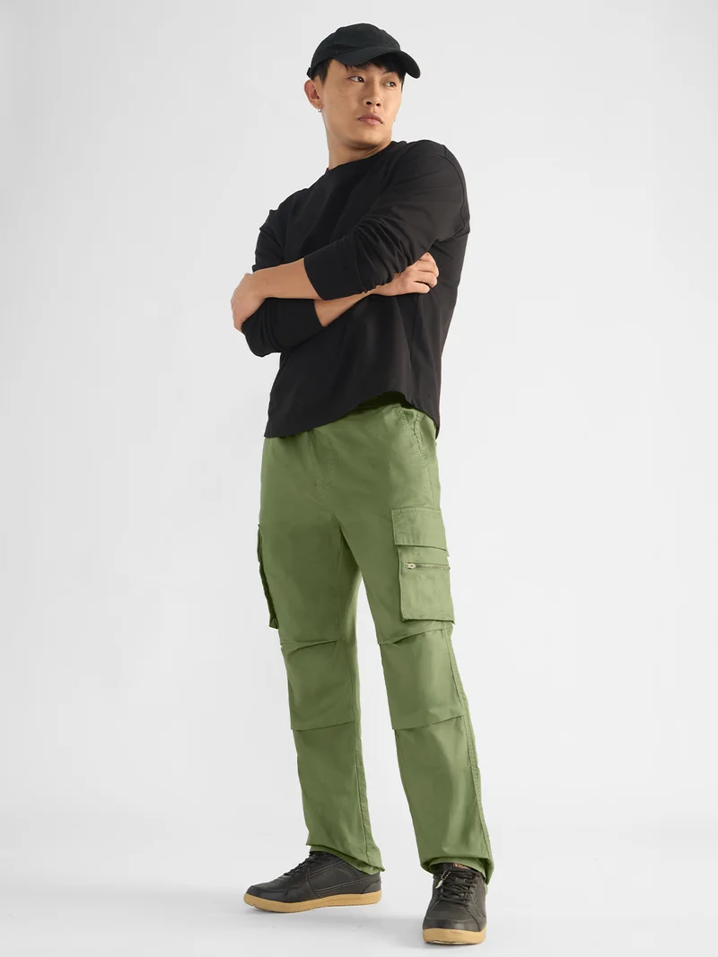The Souled Store  Combat Moss: Men and Boys Elastic Waistband Solid Cotton Relaxed Fit Multi-Pocket Durable Utility Cargo Pants  | Best Price UAE