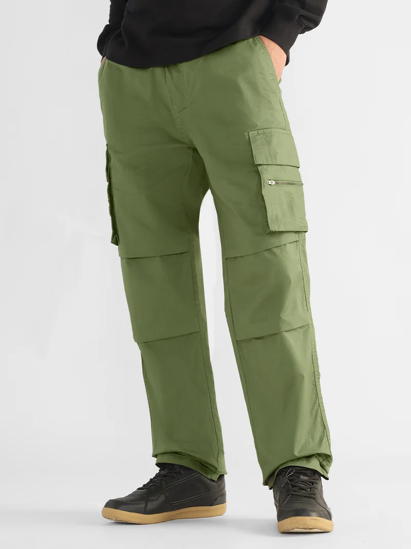 The Souled Store  Combat Moss: Men and Boys Elastic Waistband Solid Cotton Relaxed Fit Multi-Pocket Durable Utility Cargo Pants  | Best Price UAE