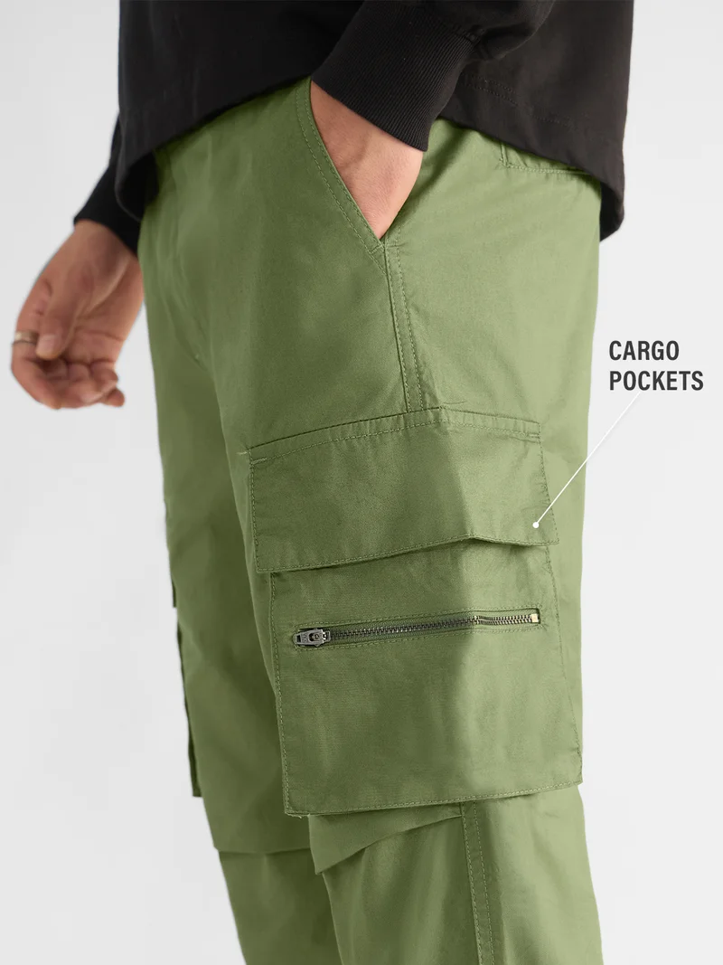 The Souled Store Combat Moss: Men and Boys Elastic Waistband Solid Cotton Relaxed Fit Multi-Pocket Durable Utility Cargo Pants
