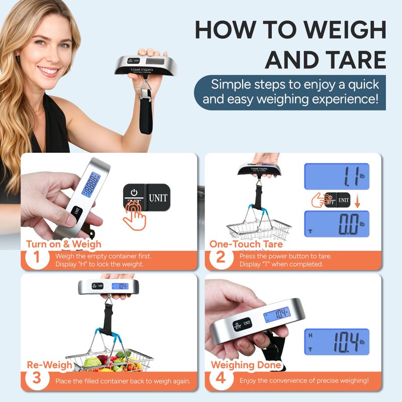 travel inspira Digital Luggage Scale – Portable Hanging Suitcase Weight Scale for Travel, 110 lb Capacity, Backlit LCD Display, Prevents Airport Overweight Fees, Battery Included, Black Stainless - Image 4