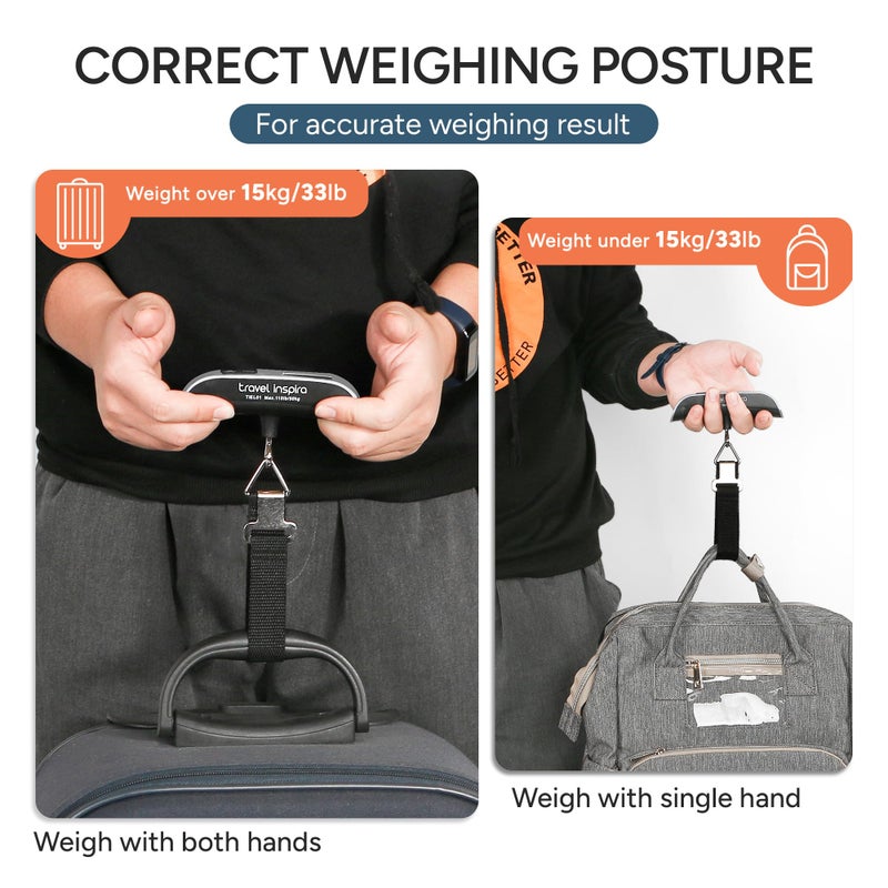 travel inspira Digital Luggage Scale – Portable Hanging Suitcase Weight Scale for Travel, 110 lb Capacity, Backlit LCD Display, Prevents Airport Overweight Fees, Battery Included, Black Stainless - Image 5
