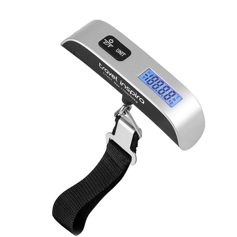travel inspira Digital Luggage Scale – Portable Hanging Suitcase Weight Scale for Travel, 110 lb Capacity, Backlit LCD Display, Prevents Airport Overweight Fees, Battery Included, Black Stainless - Image 1