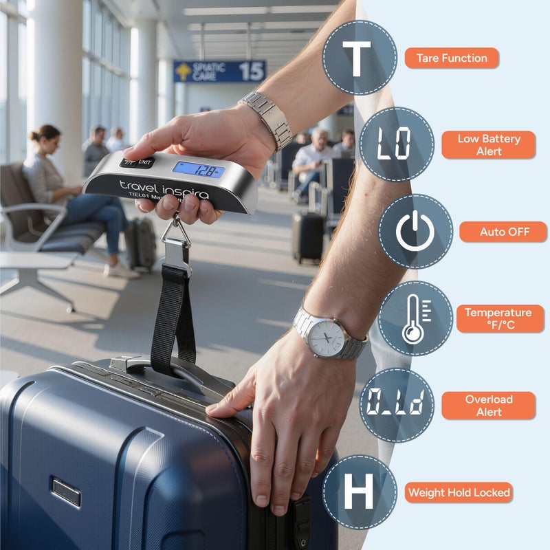 travel inspira Digital Luggage Scale – Portable Hanging Suitcase Weight Scale for Travel, 110 lb Capacity, Backlit LCD Display, Prevents Airport Overweight Fees, Battery Included, Black Stainless - Image 3