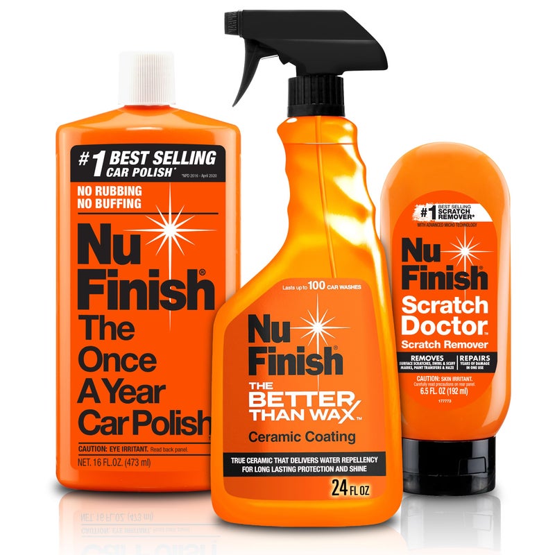 Nu Finish Exterior Finish Detailing Kit, Car Care Kit Protects Car Exterior, Includes Nu Finish Scratch Doctor Car Scratch Remover, Better Than Wax Ceramic Coating and Once A Year Car Polish, 3 Count - Image 1