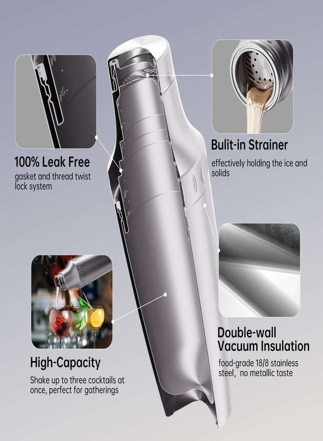 Magcheer Hybrid Cocktail Shaker Set | Vacuum Insulated Stainless Steel Martini Shaker with Strainer & Jigger Lid | Travel cocktail kit with Bartender Accessory Tools | 30oz | Silver - Image 4