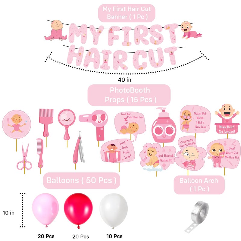 Party Propz زينة حفلات باللون الوردي لاحتفال أول قصة شعر/ مراسم الموندان للبنات - 67 قطعة من بالونات زينة الموندان، زينة أول قصة شعر للأطفال، لافتة أول قصة شعر، أدوات تصوير (ورق مقوى) - Image 2