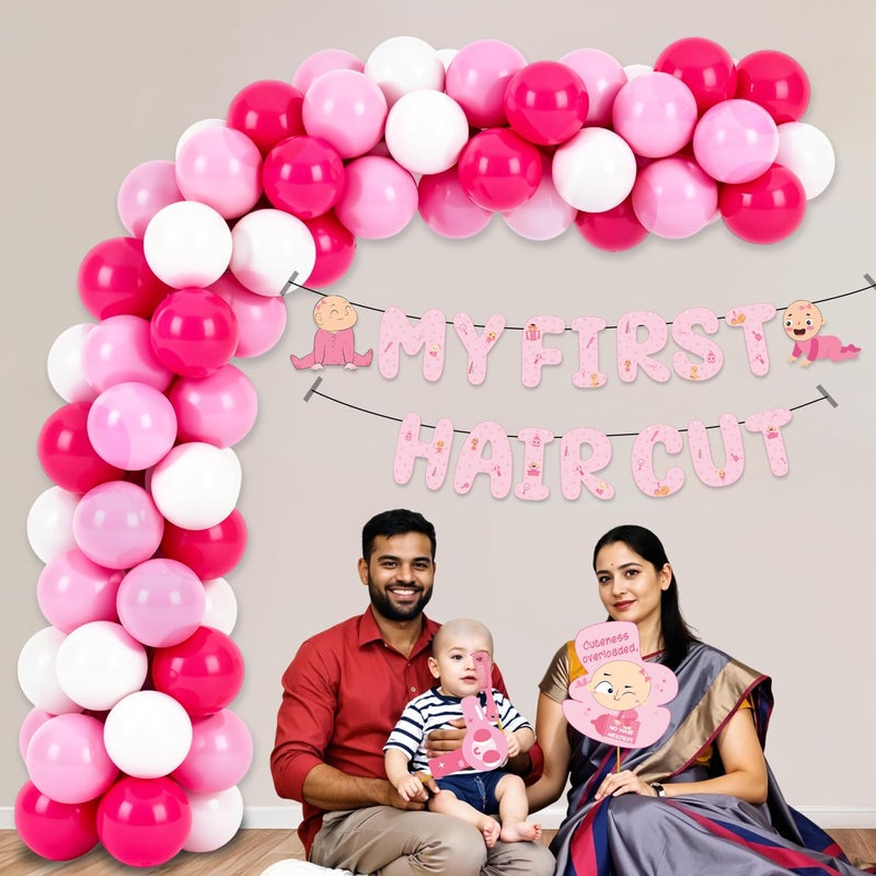 Party Propz زينة حفلات باللون الوردي لاحتفال أول قصة شعر/ مراسم الموندان للبنات - 67 قطعة من بالونات زينة الموندان، زينة أول قصة شعر للأطفال، لافتة أول قصة شعر، أدوات تصوير (ورق مقوى) - Image 5