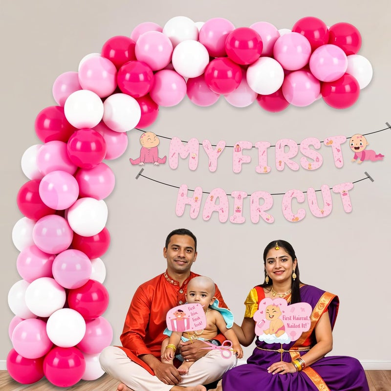 Party Propz زينة حفلات باللون الوردي لاحتفال أول قصة شعر/ مراسم الموندان للبنات - 67 قطعة من بالونات زينة الموندان، زينة أول قصة شعر للأطفال، لافتة أول قصة شعر، أدوات تصوير (ورق مقوى) - Image 4