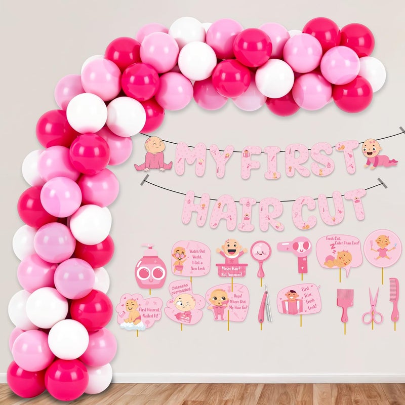Party Propz زينة حفلات باللون الوردي لاحتفال أول قصة شعر/ مراسم الموندان للبنات - 67 قطعة من بالونات زينة الموندان، زينة أول قصة شعر للأطفال، لافتة أول قصة شعر، أدوات تصوير (ورق مقوى) - Image 1