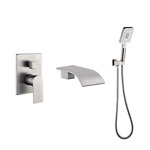 DIFEINI Tub Filler Faucet with Hand Shower Bath Tub Faucets with Rough-in Valve Trim Kit Wall Mounted Waterfall Bathtub Faucets Brushed Nickel - Image 1